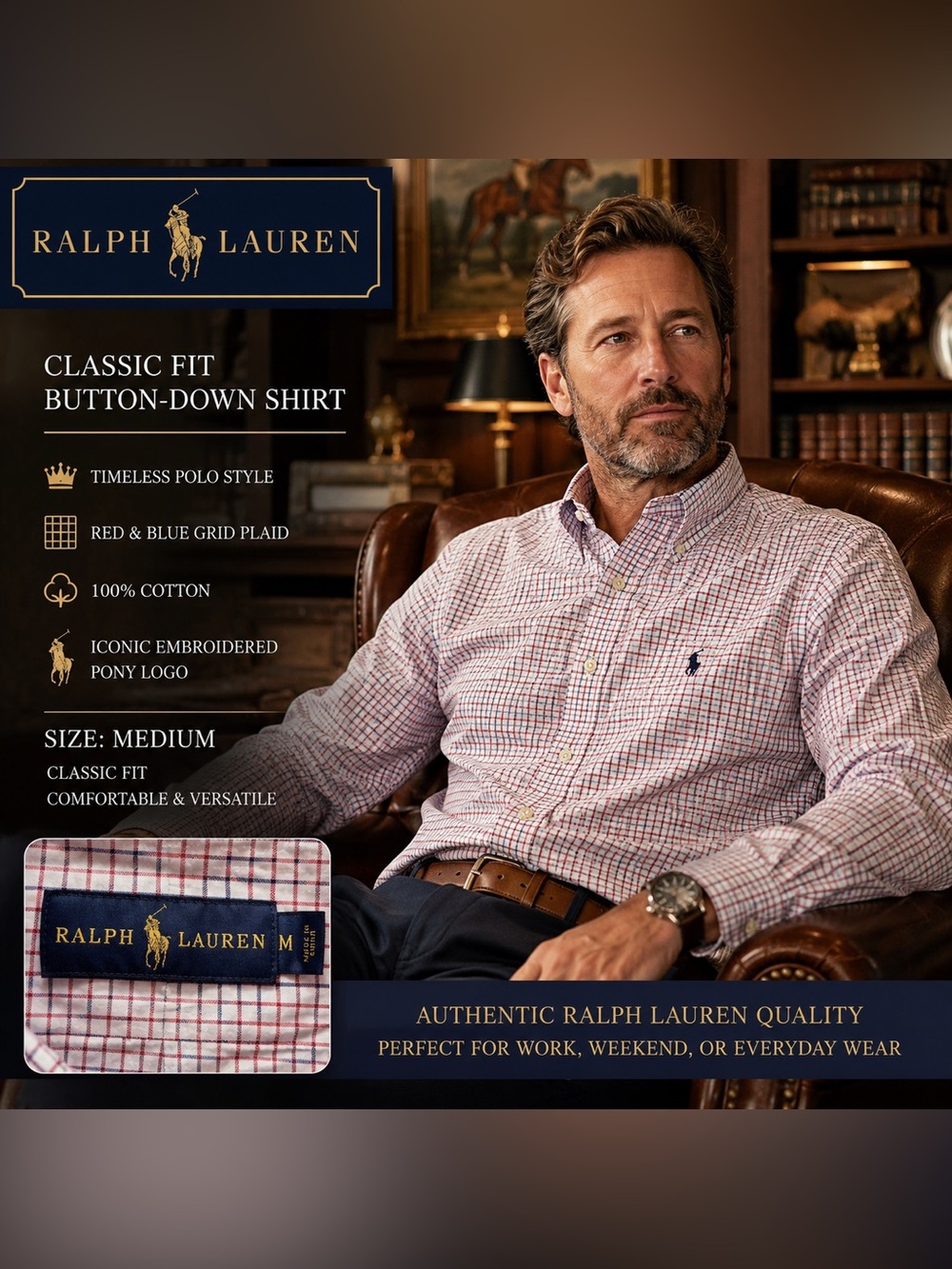 Ralph Lauren Men’s Red & Blue Grid Plaid Button-Down Shirt